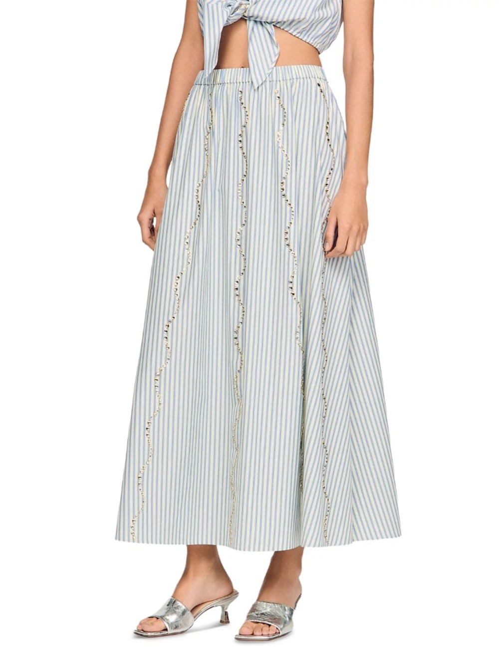 Lucia Rhinestone Trim Striped Long Skirt